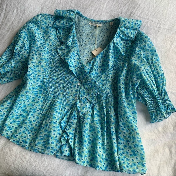 NWT Doen Henri Cotton Ruffle Pintuck V Neck Floral Blouse Top Bleu Daisy Fields - Picture 6 of 10
